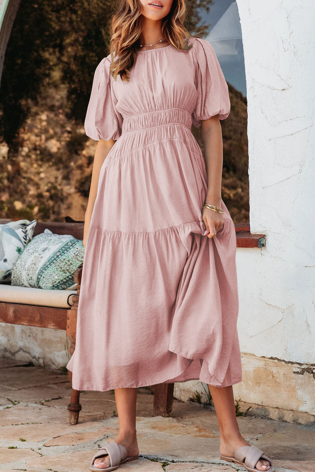 Puff Sleeve High Waist Flowy Midi Dress -2 COLOR OPTIONS