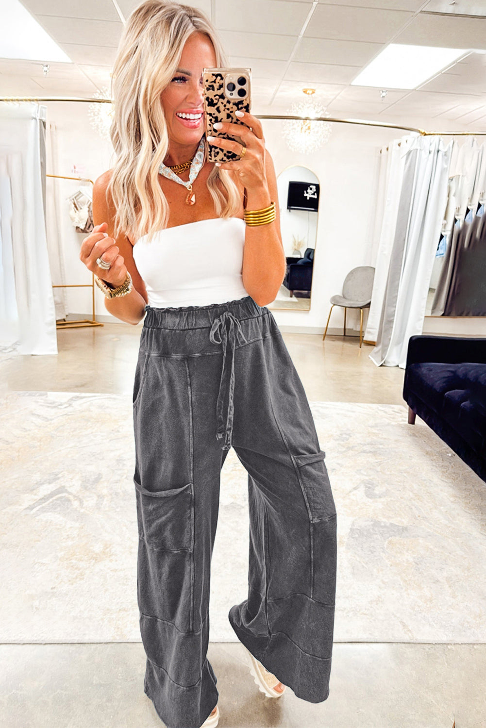Mineral Wash Knot High Waist Raw Hem Pants -2 COLOR OPTIONS
