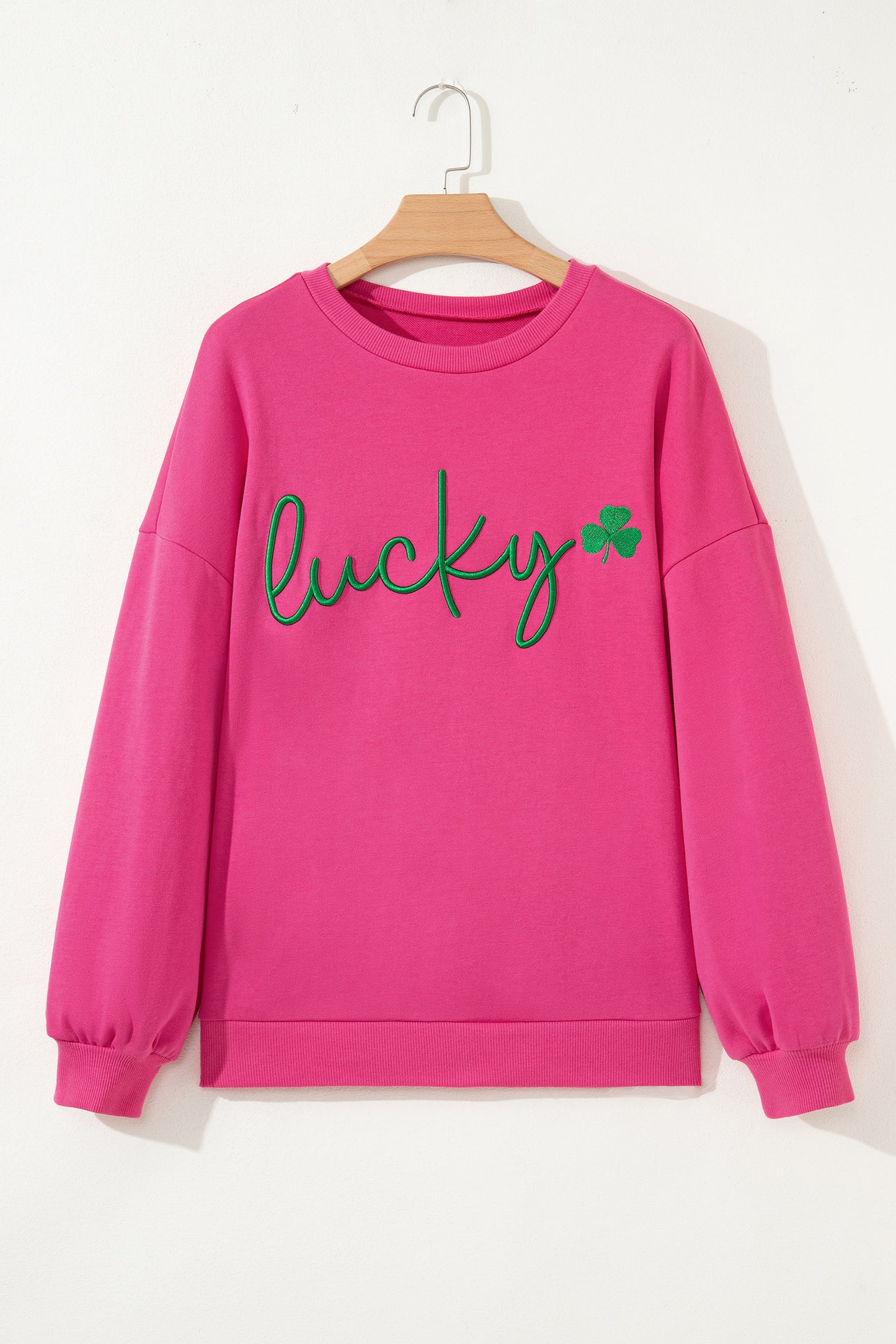 Pink Lucky Clover Embroidered Loose Pullover Sweatshirt