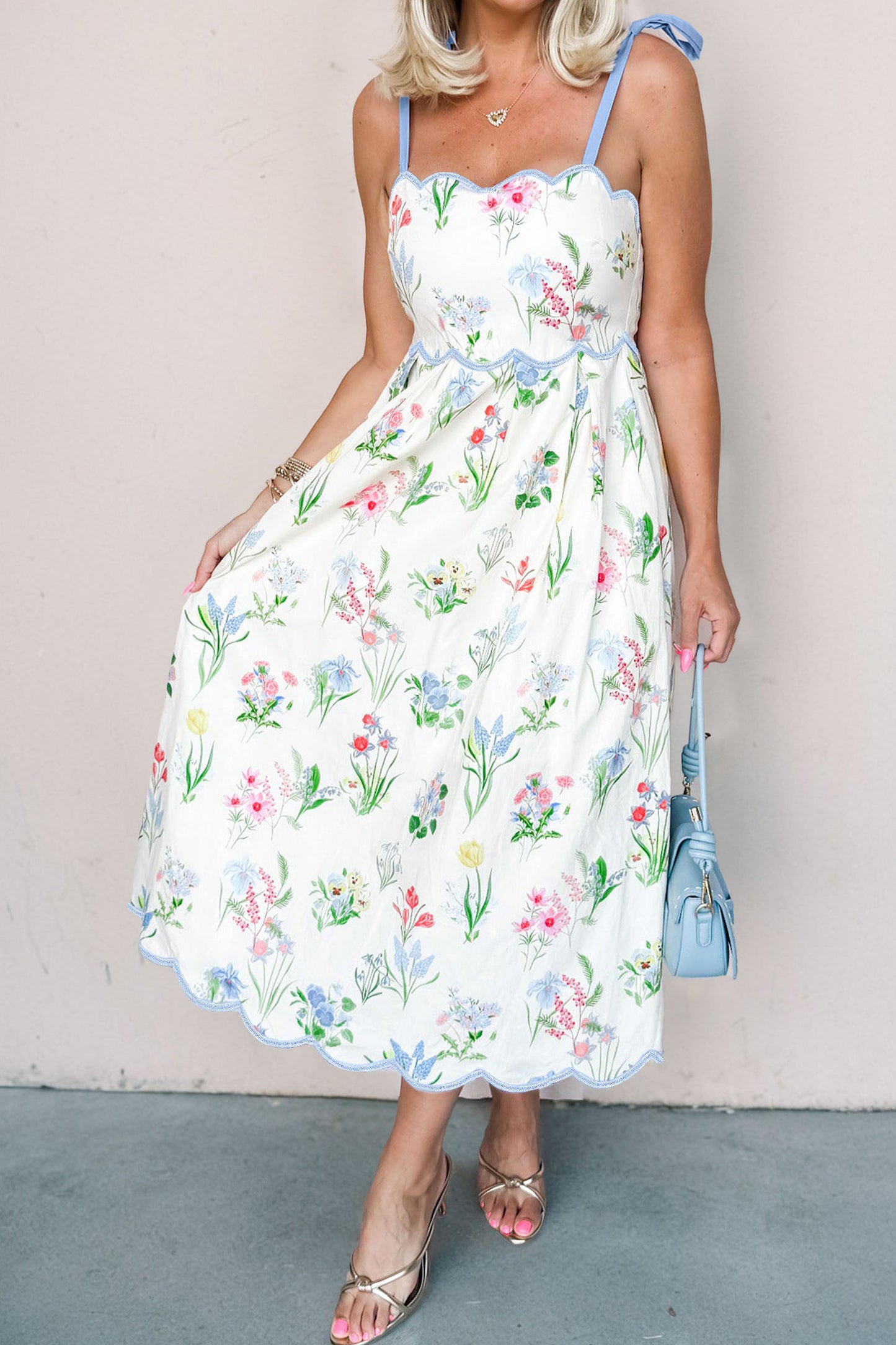 Floral Print Contrast Trim Self-tie Straps High Waist Midi Dress -3 COLOR OPTIONS