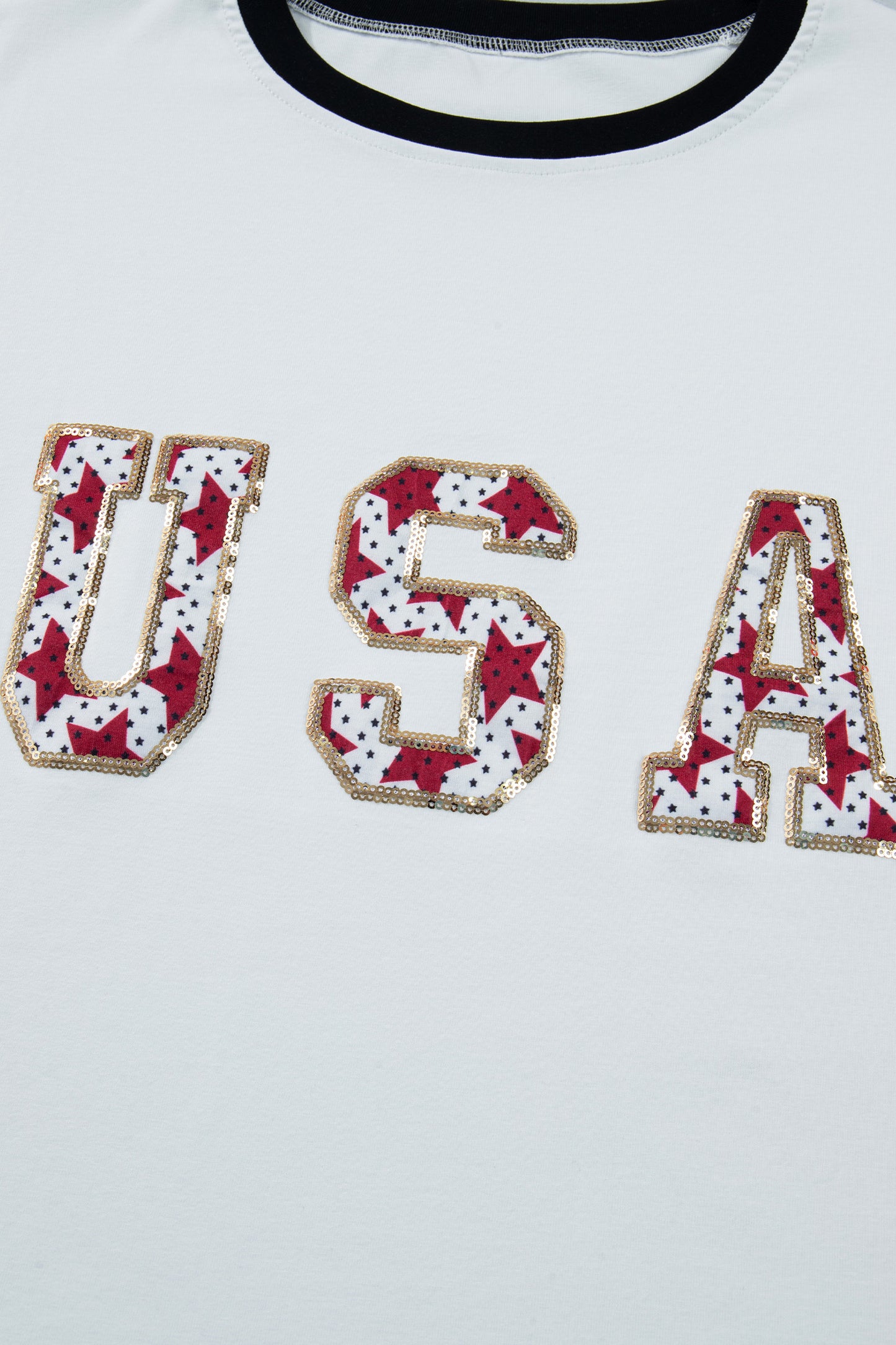 White USA Sequin Color Block Trim Loose T Shirt