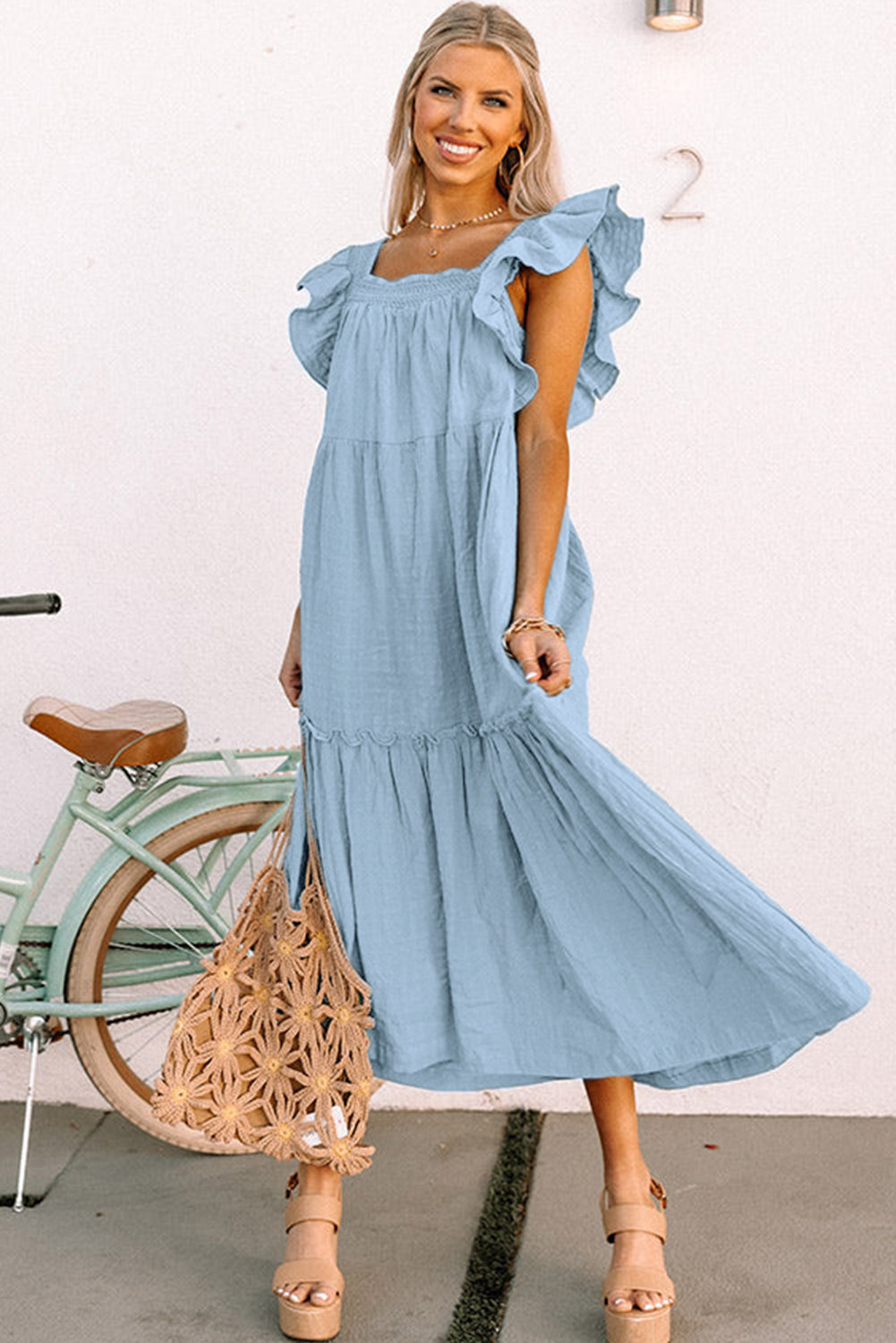 Ruffled Flutter Sleeve Square Neck Textured Tiered Maxi Dress -3 COLOR OPTIONS