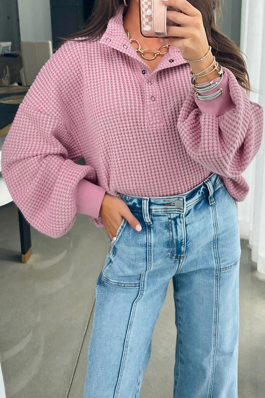 Casual Solid Color Textured Snap Button Collared Baggy Top -2 COLOR OPTIONS