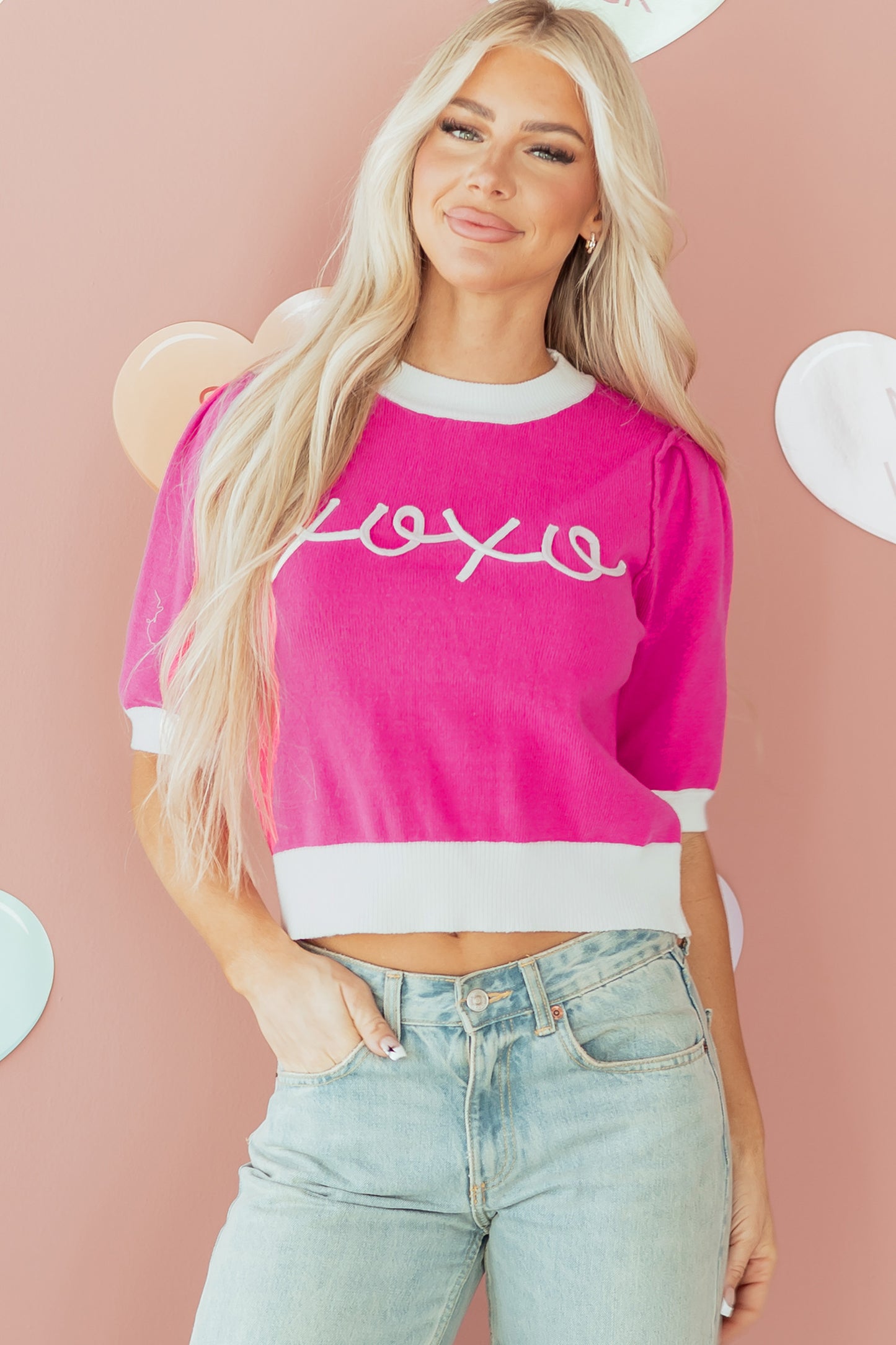 Bright Pink XOXO Embroidered Graphic Valentines Contrast Trim Crew Neck Short Puff Sleeve Sweater Tee