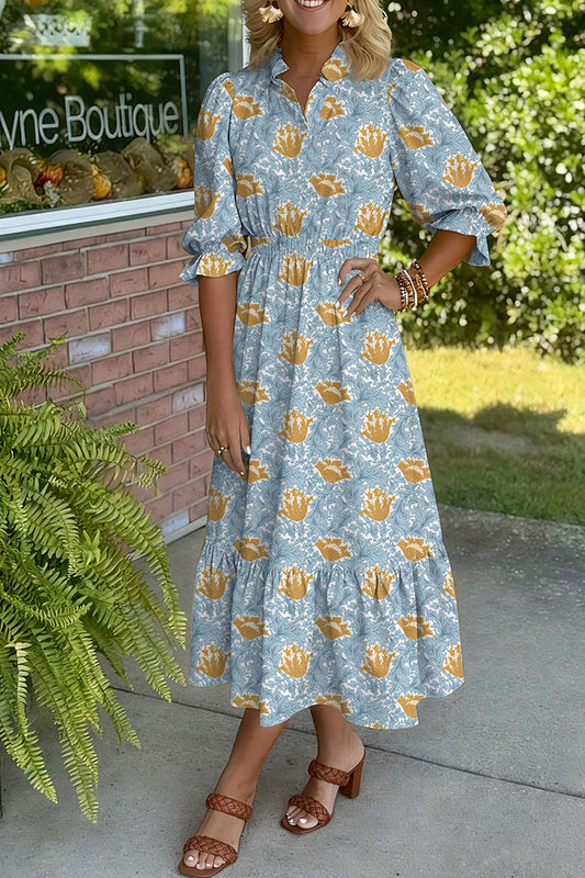 Floral Printed Frilled V Neck Bracelet Sleeve Long Dress -2 COLOR OPTIONS