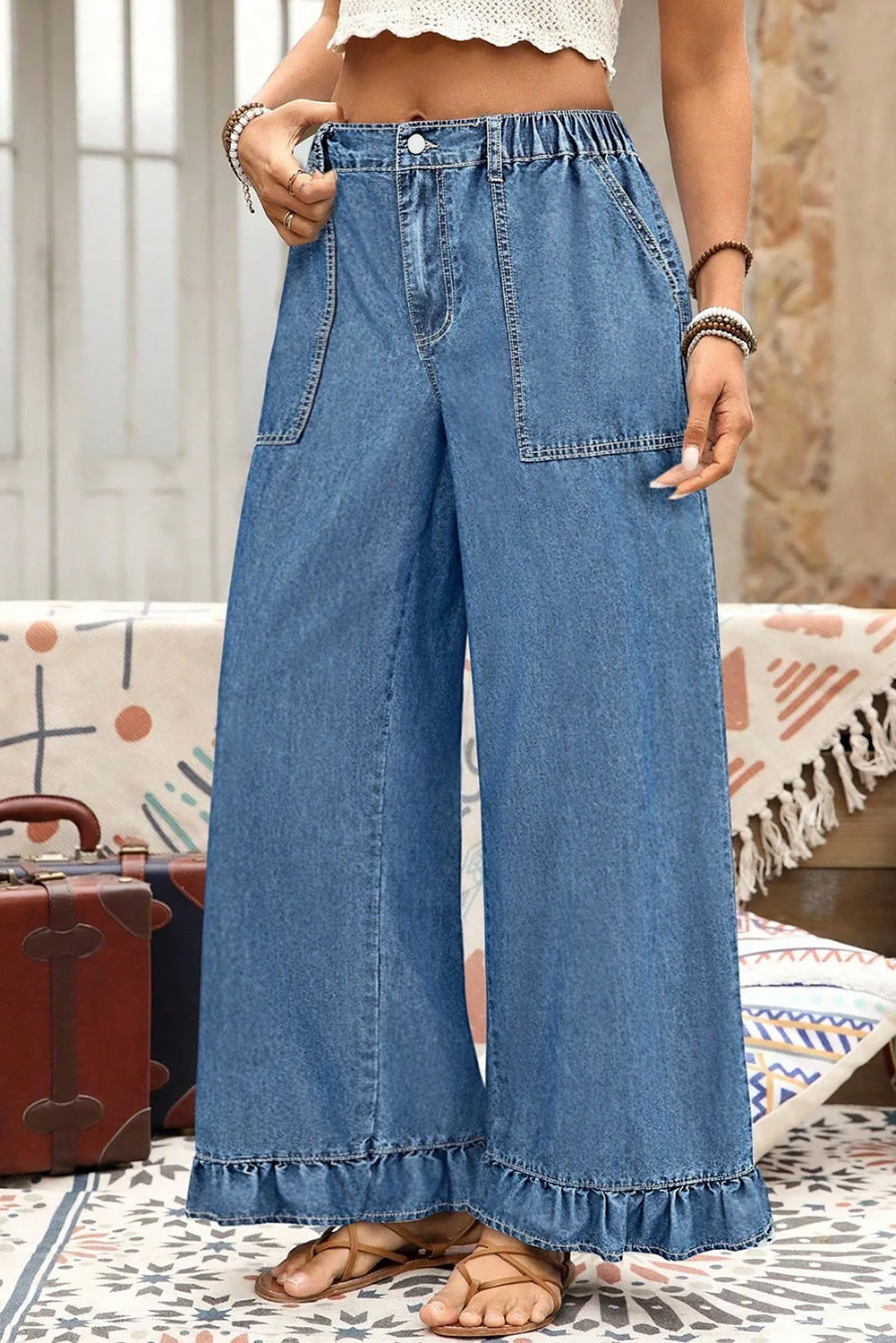 PLUS SIZE -Elastic Waist Ruffled Wide Leg Denim Pants Plus Size -4 COLOR OPTIONS