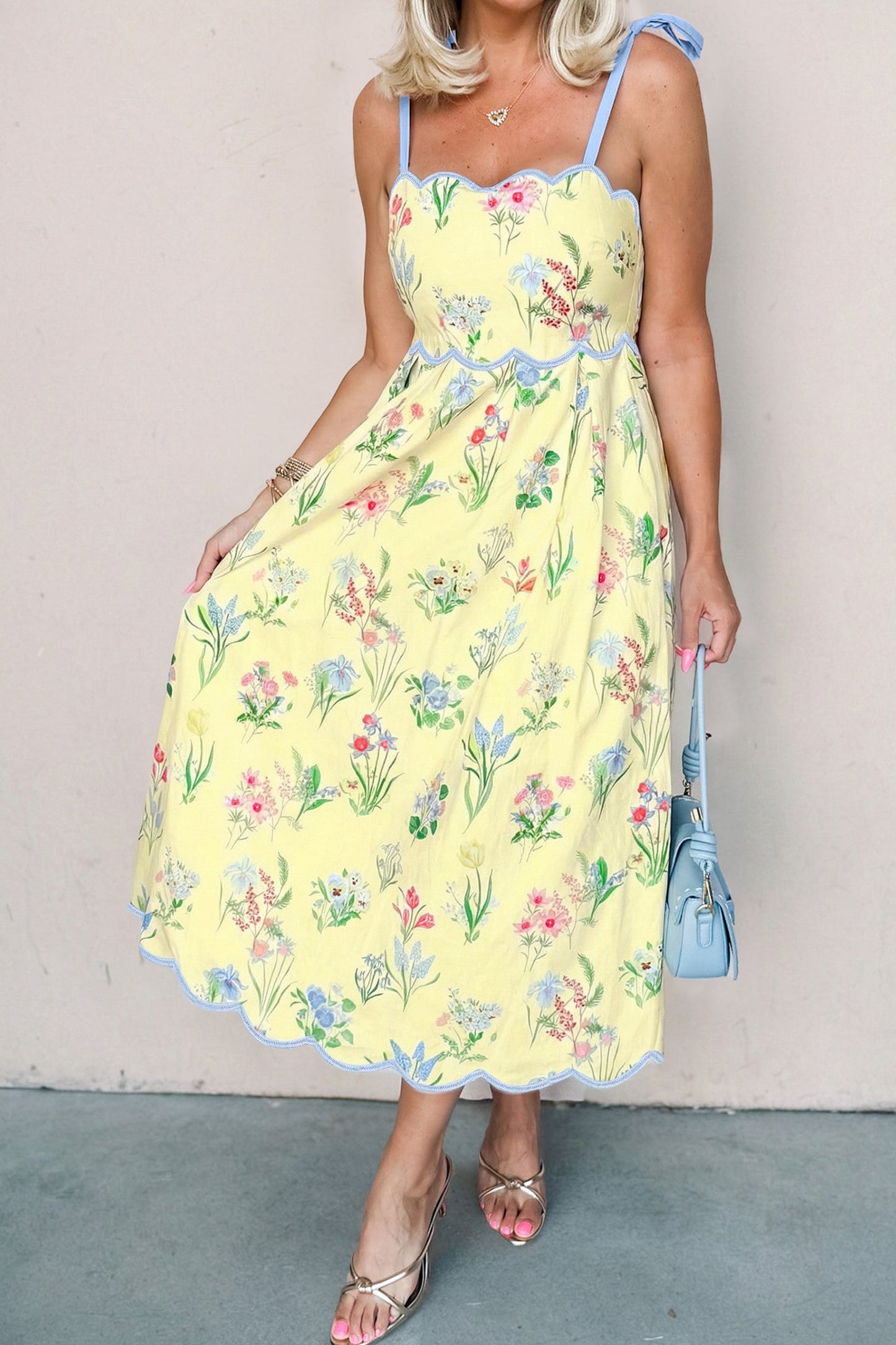 Floral Print Contrast Trim Self-tie Straps High Waist Midi Dress -3 COLOR OPTIONS