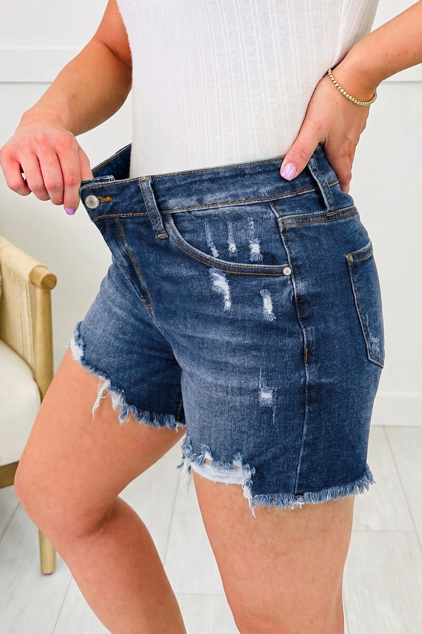 Asymmetric Raw Hem Distressed Whiskery Denim Shorts -2 COLOR OPTIONS