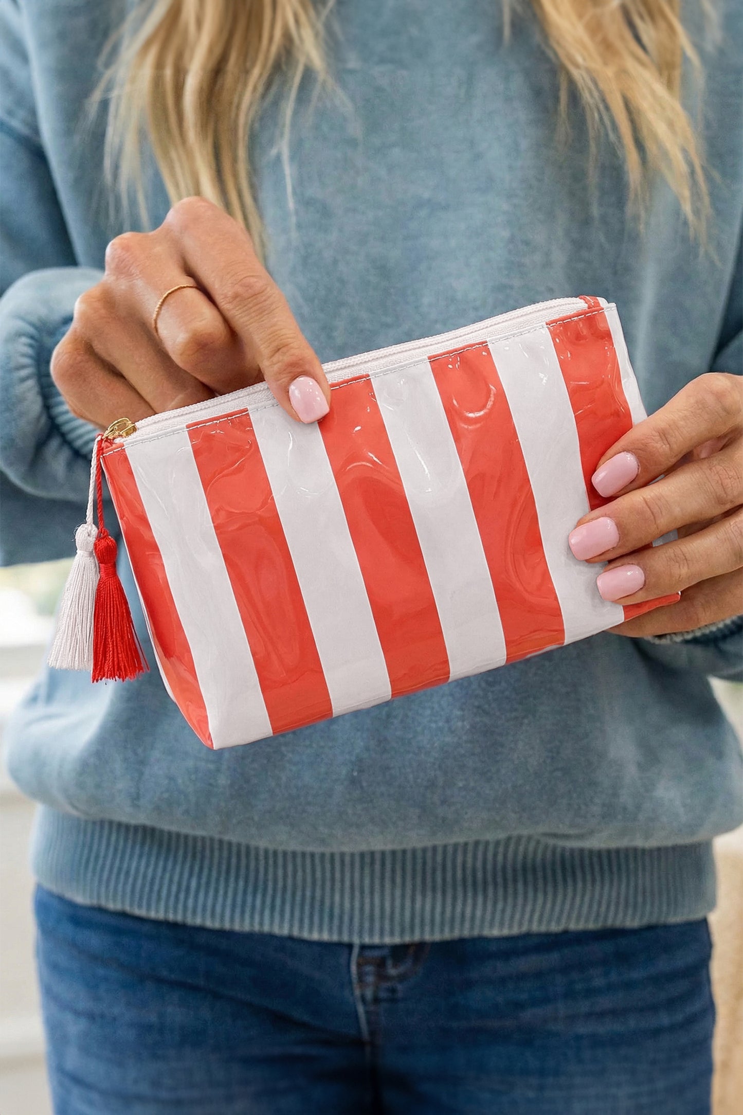 Striped Vinyl Waterproof Tassel Zipper Makeup Bag- 4 COLOR OPTIONS