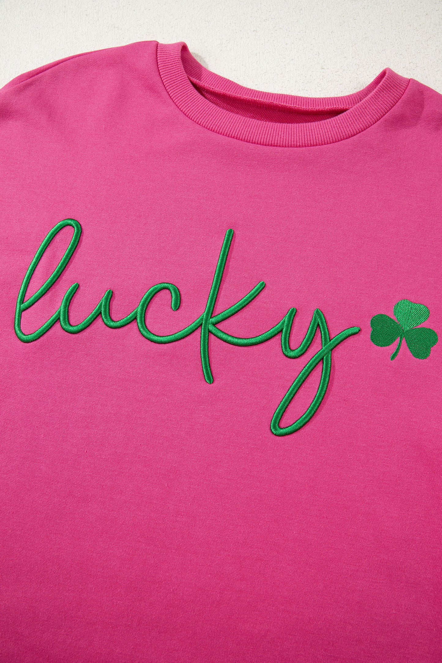 Pink Lucky Clover Embroidered Loose Pullover Sweatshirt
