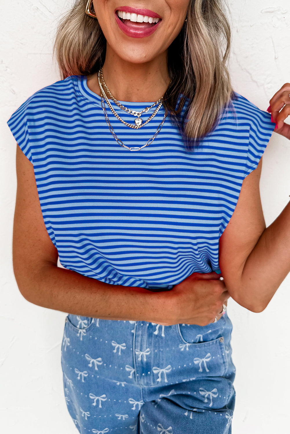 Stripe Ribbed Cap Sleeve Round Neck T Shirt -2 COLOR OPTIONS