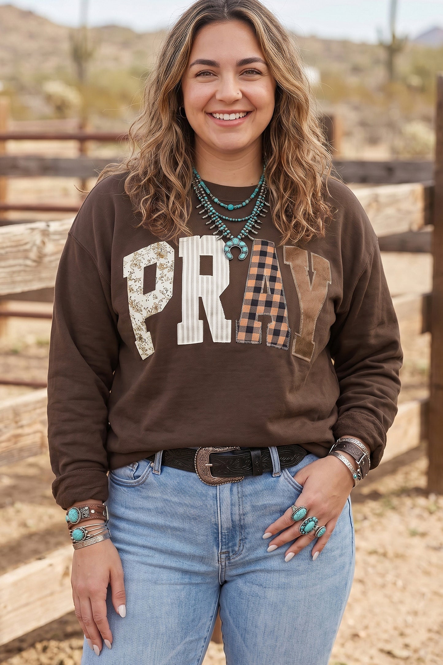 PLUS SIZE -Coffee PRAY Letter Patchwork Round Neck Long Sleeve Plus Size Sweatshirt