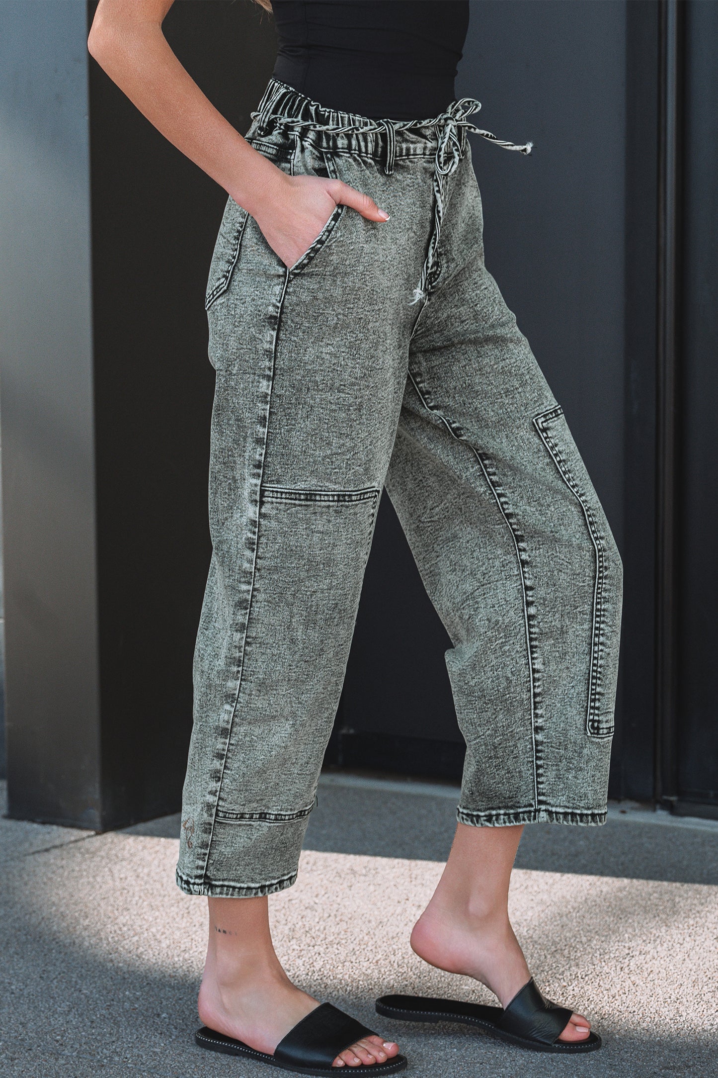 Acid Wash Tie Waist Denim Pants -2 COLOR OPTIONS