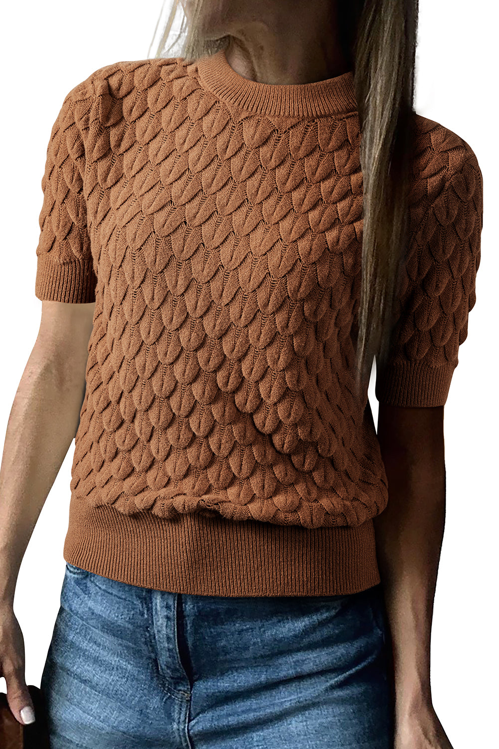 Scaled Textured Knit Ribbed High Neck Short Sleeve Sweater -2 COLOR OPTIONS