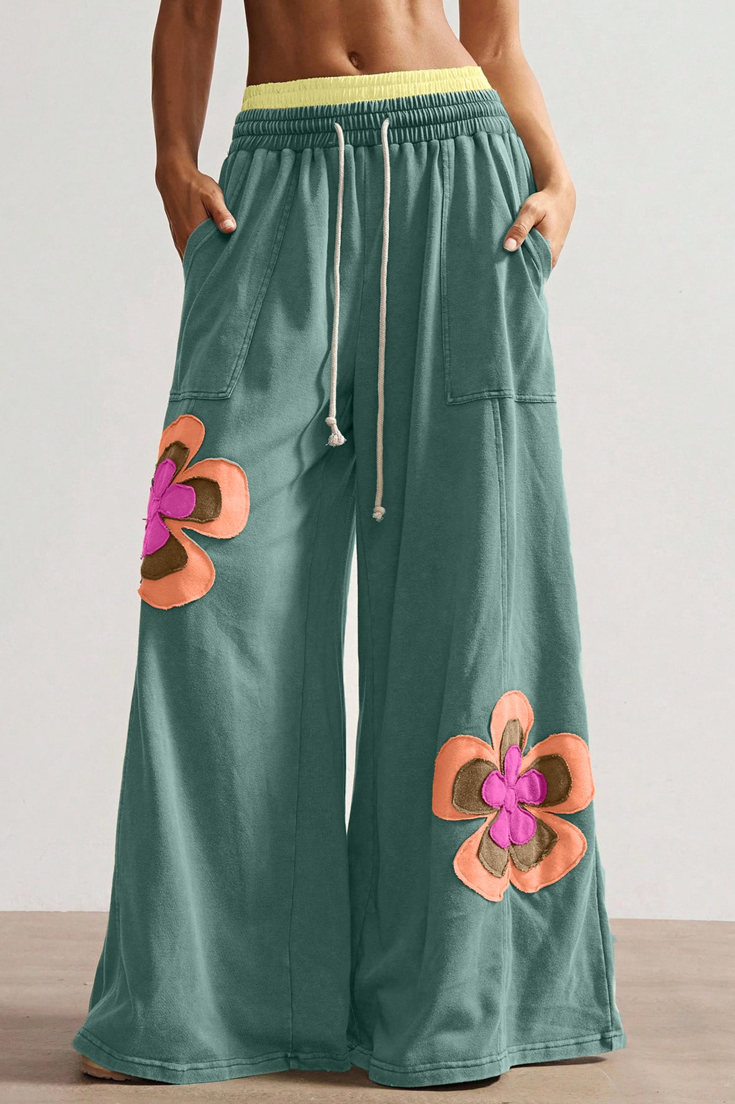 Color Block Flower Patchwork Drawstring Contrasted Elastic Waist Wide Leg Pants - 3 COLOR OPTIONS