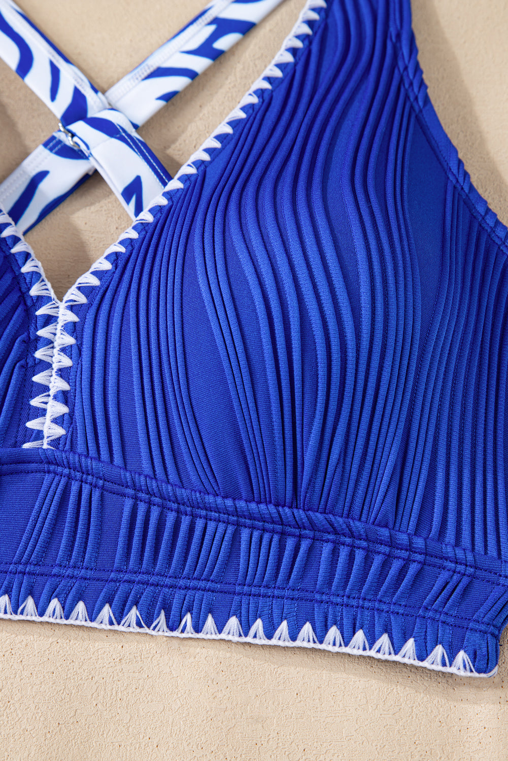 Shell Stitched Trim V Neck Textured Mix and Match High Waist Bikinis -3 COLOR OPTIONS