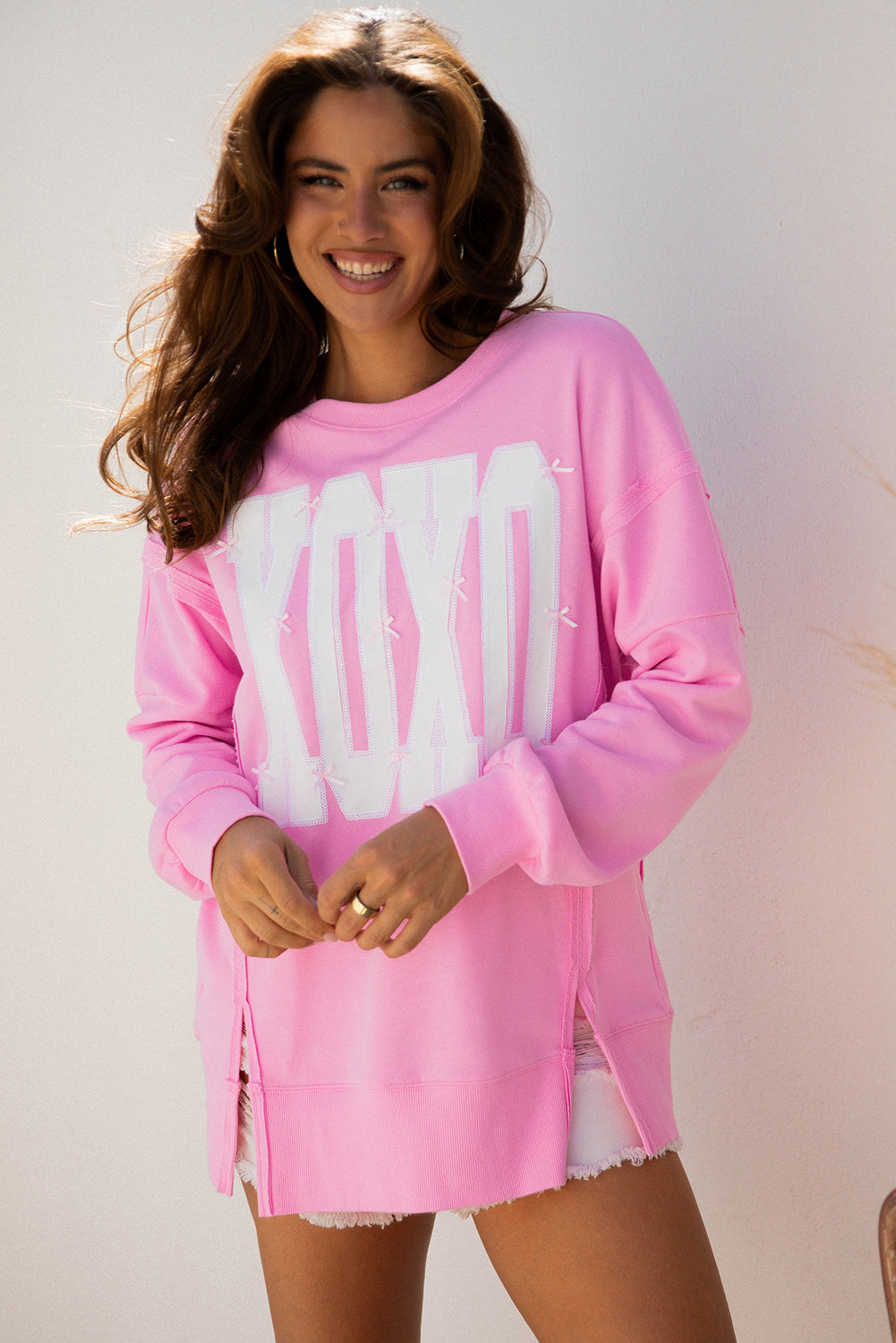 Bow Sequin XOXO Letter Graphic Exposed Seam Baggy Sweatshirt -3 COLOR OPTIONS