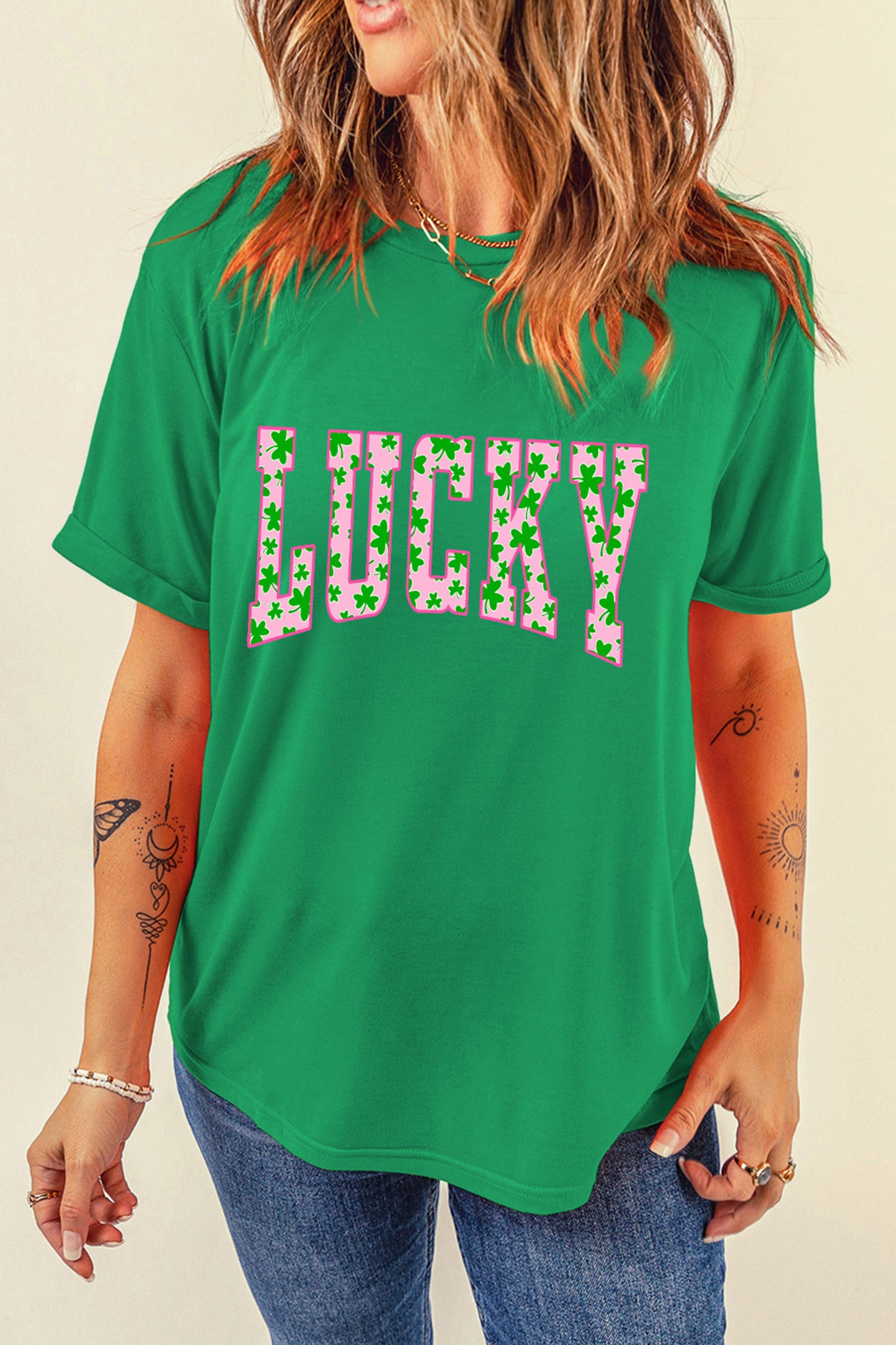 Bright Green LUCKY Clover Letter Printed Crew Neck T Shirt