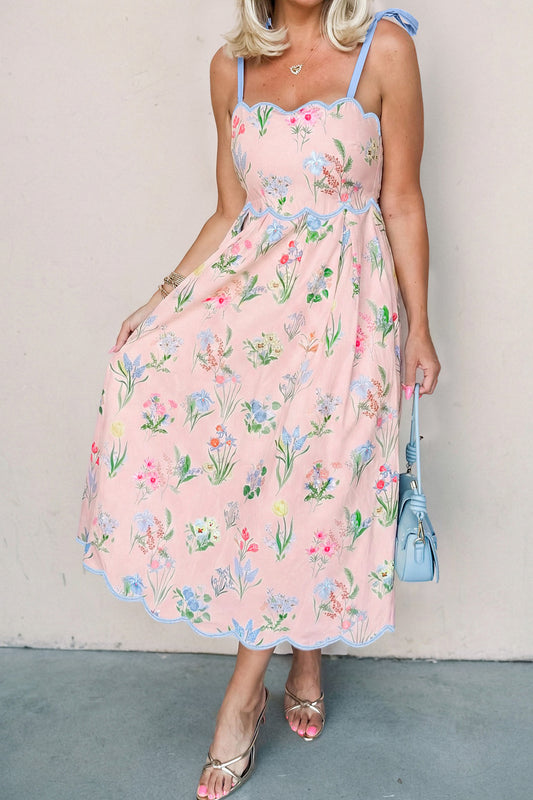 Floral Print Contrast Trim Self-tie Straps High Waist Midi Dress -3 COLOR OPTIONS