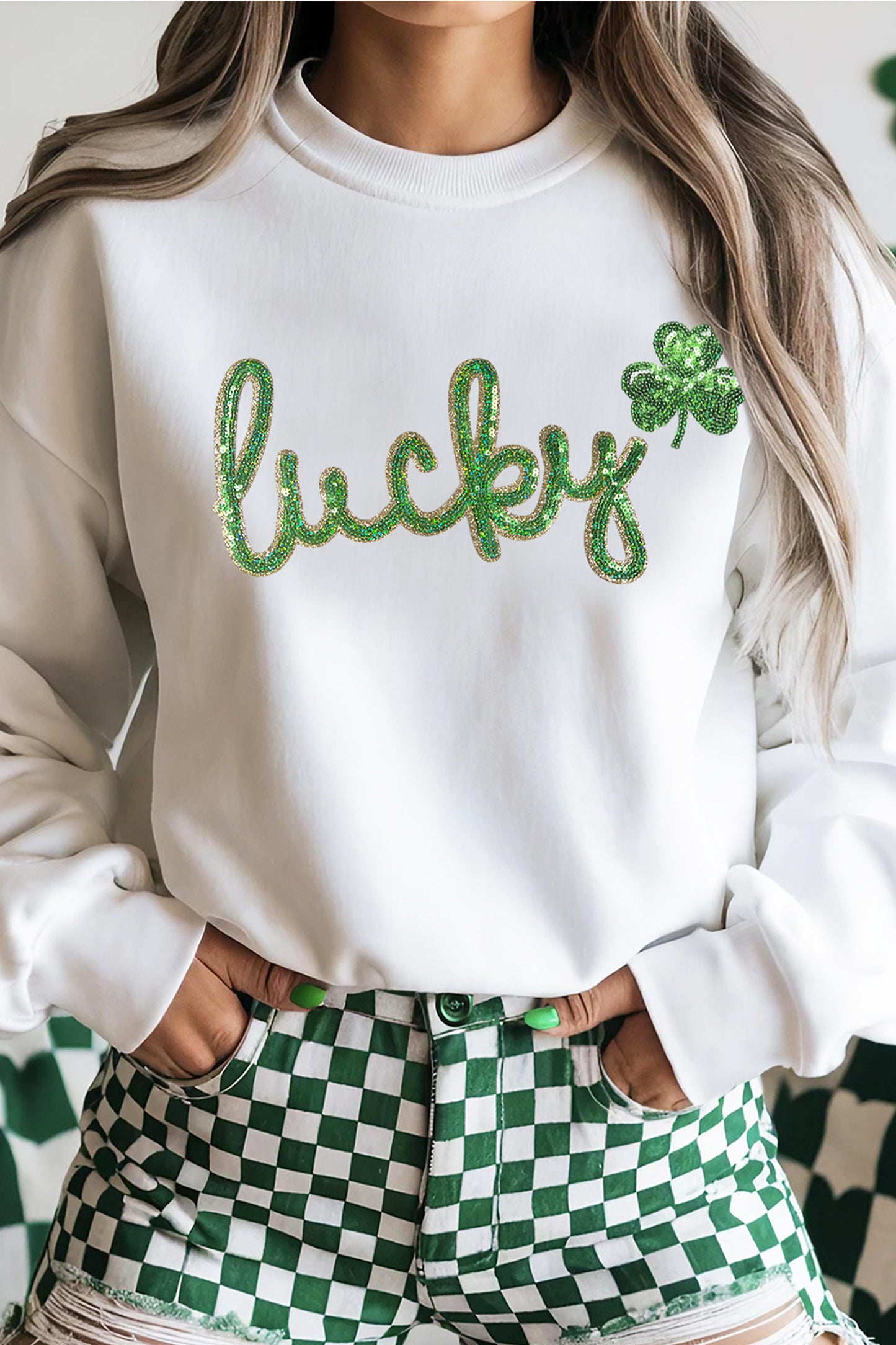 White Irish Festive Sequin lucky Clover Graphic Sweatshirt