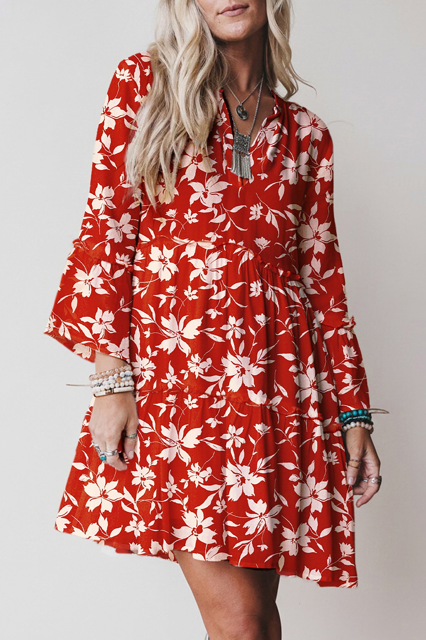 Boho Floral Print Lettuce Trim 3/4 Sleeve Mini Dress- 3 COLOR OPTIONS