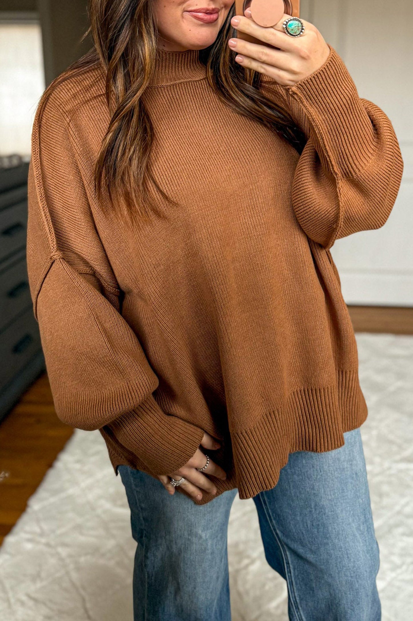 PLUS SIZE -Chestnut Oversized Ribbed Knit Long Sleeve Tunic Plus Size Sweater