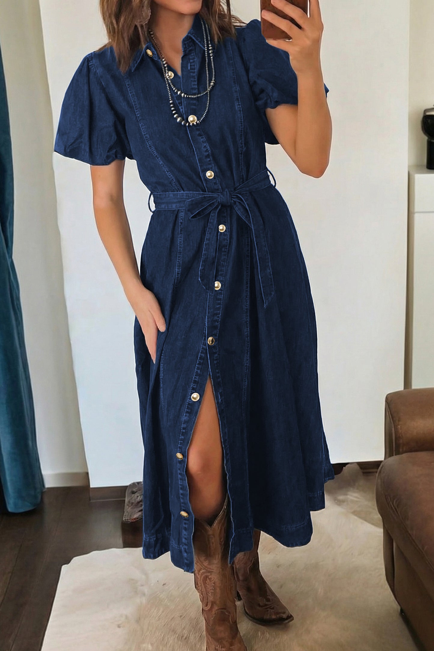 Sail Blue Full Buttons Collared Short Bubble Sleeve Long Denim Dress -2 COLOR OPTIONS