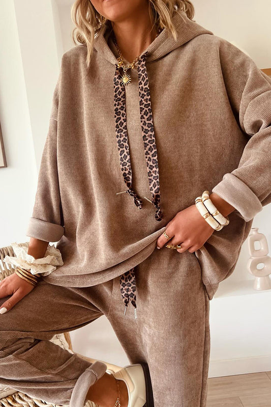 Drawstring Pullover Hoodie and High Waist Pants Corduroy Suit -2 COLOR OPTIONS