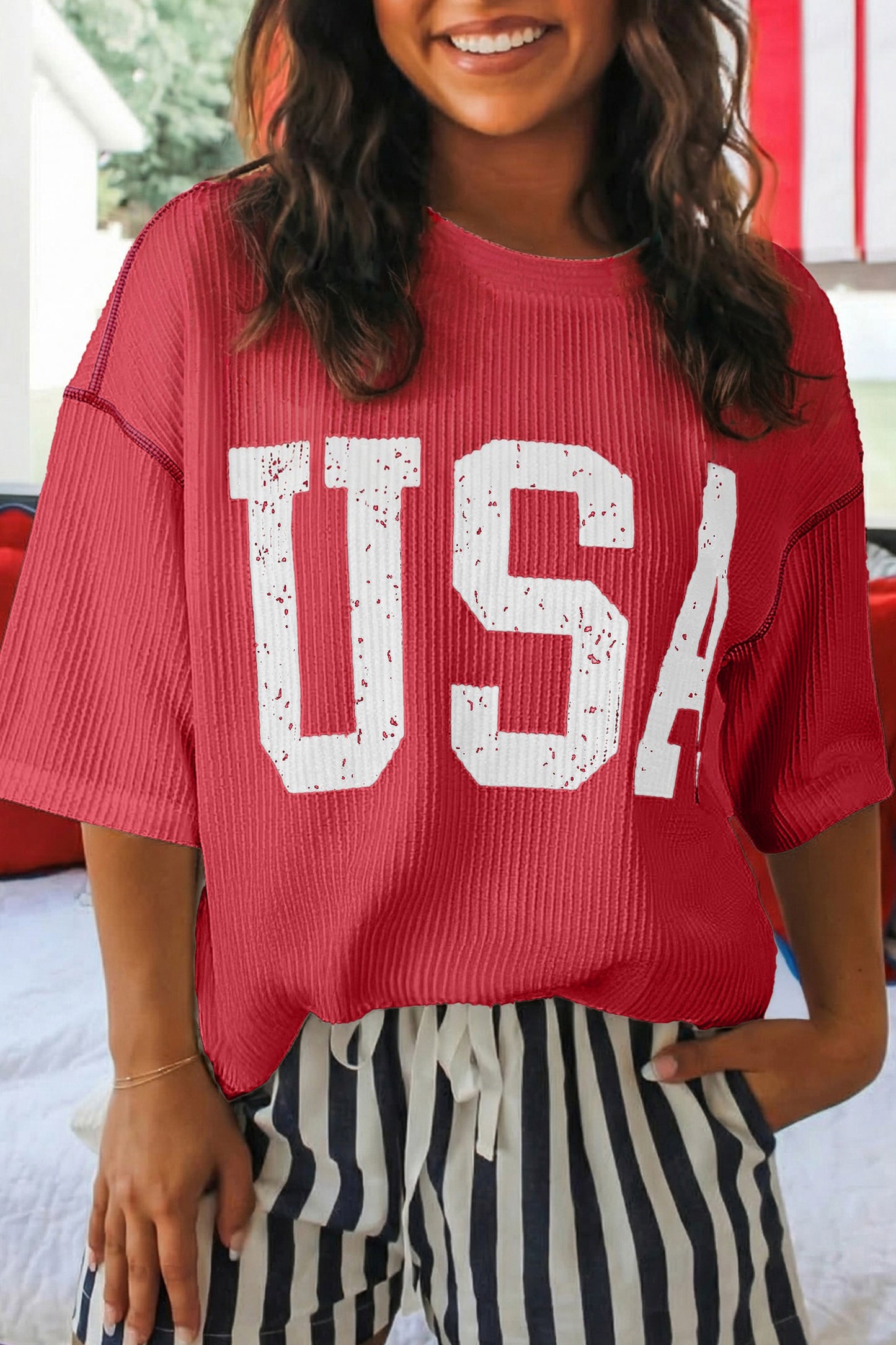 USA Graphic Half Sleeve Loose Ribbed Top -3 COLOR OPTIONS