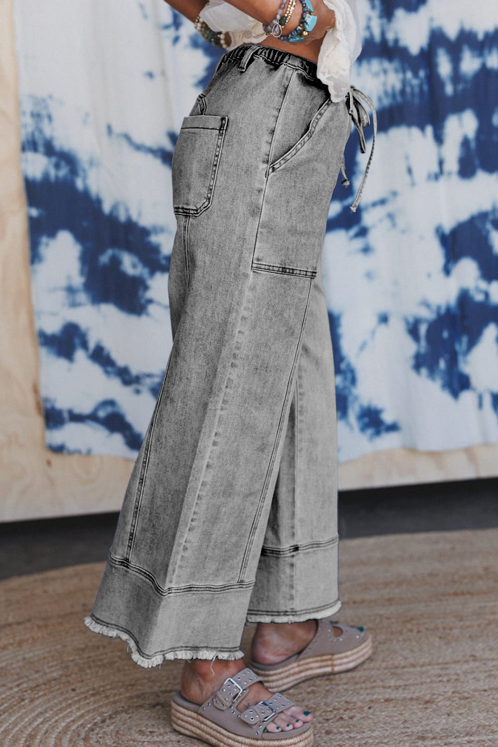Drawstring Seam Detail Raw Hem Wide Leg Jeans -2 COLOR OPTIONS