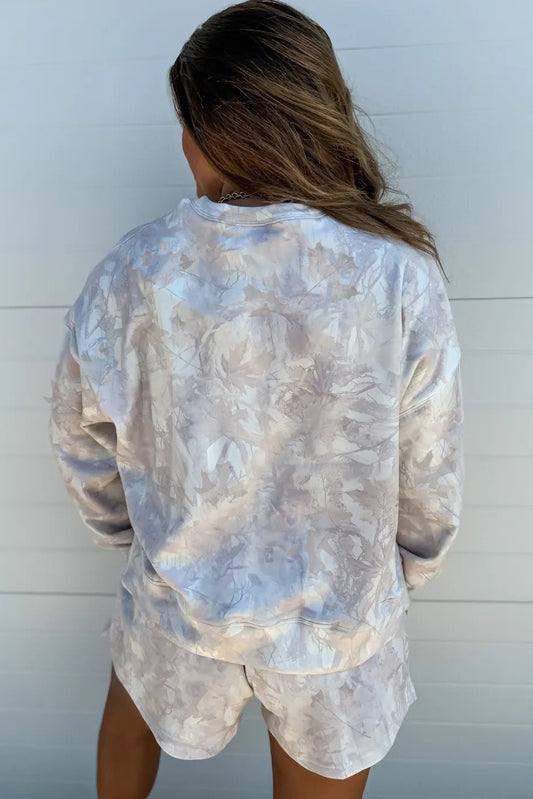 Beige Maple Camo Print Pullover Top and Elastic Waist Casual Short Set