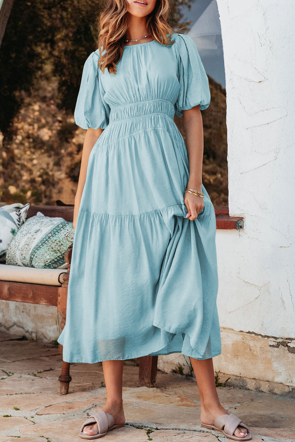 Puff Sleeve High Waist Flowy Midi Dress -2 COLOR OPTIONS
