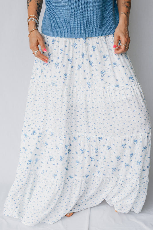 Sky Blue High Waist Tiny Floral Print Boho Maxi Skirt