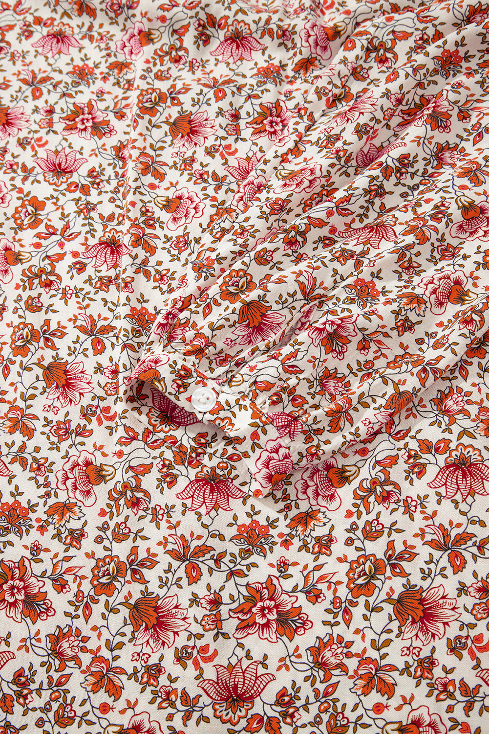 Red Floral Print Pleated Detail Notched Neck Puff Sleeve Blouse