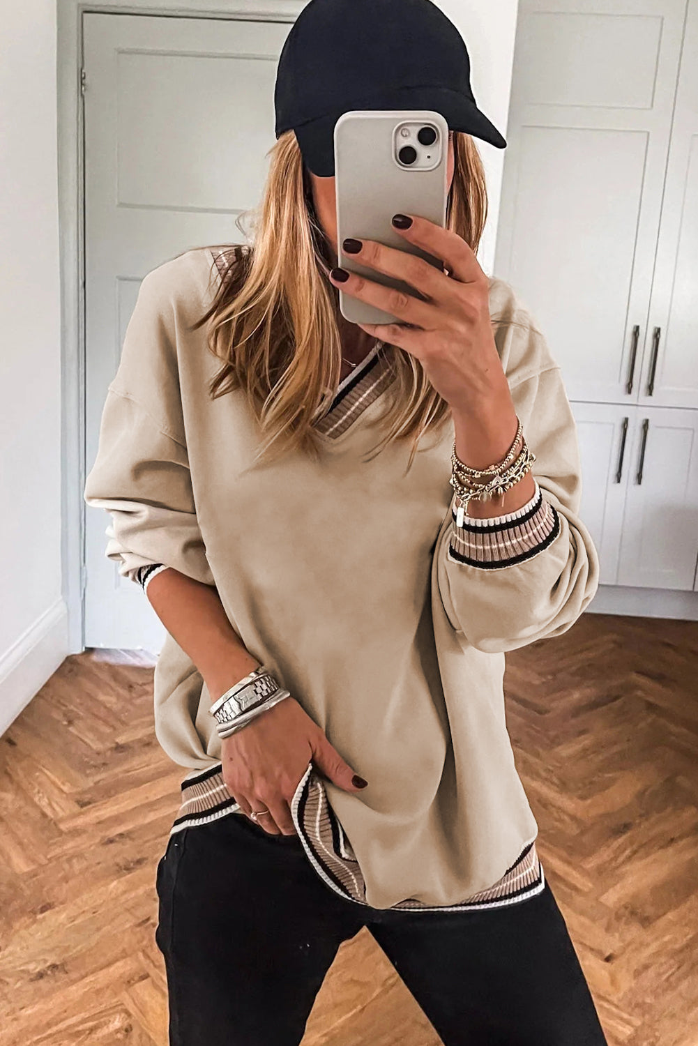 Varsity Contrast Trim V Neck Sweatshirt -2 COLOR OPTIONS