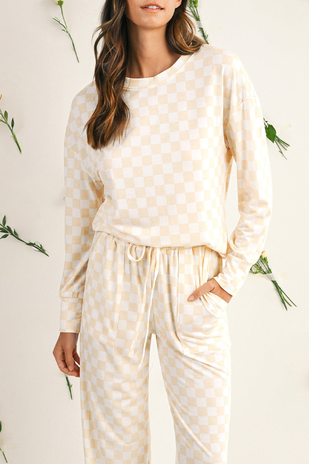 Beige Checkered Print Long Sleeve Loose Fit Pajama Set