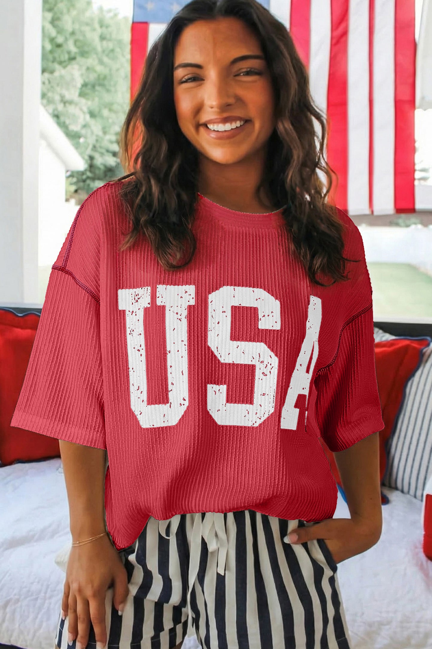 USA Graphic Half Sleeve Loose Ribbed Top -3 COLOR OPTIONS