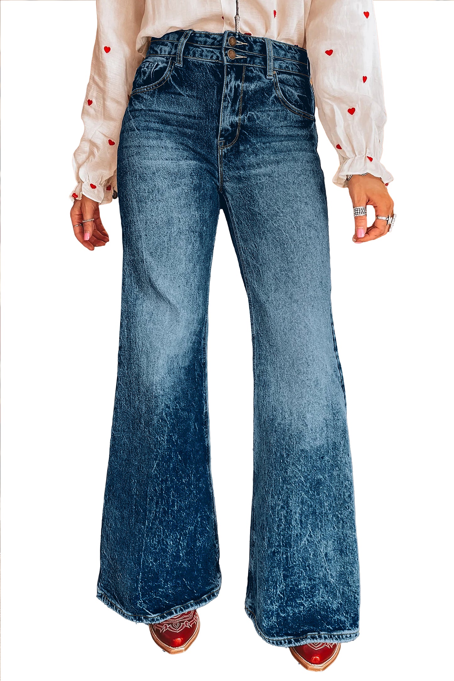 Blue Acid Wash Pocket Detail Flare Jeans -2 COLOR OPTIONS