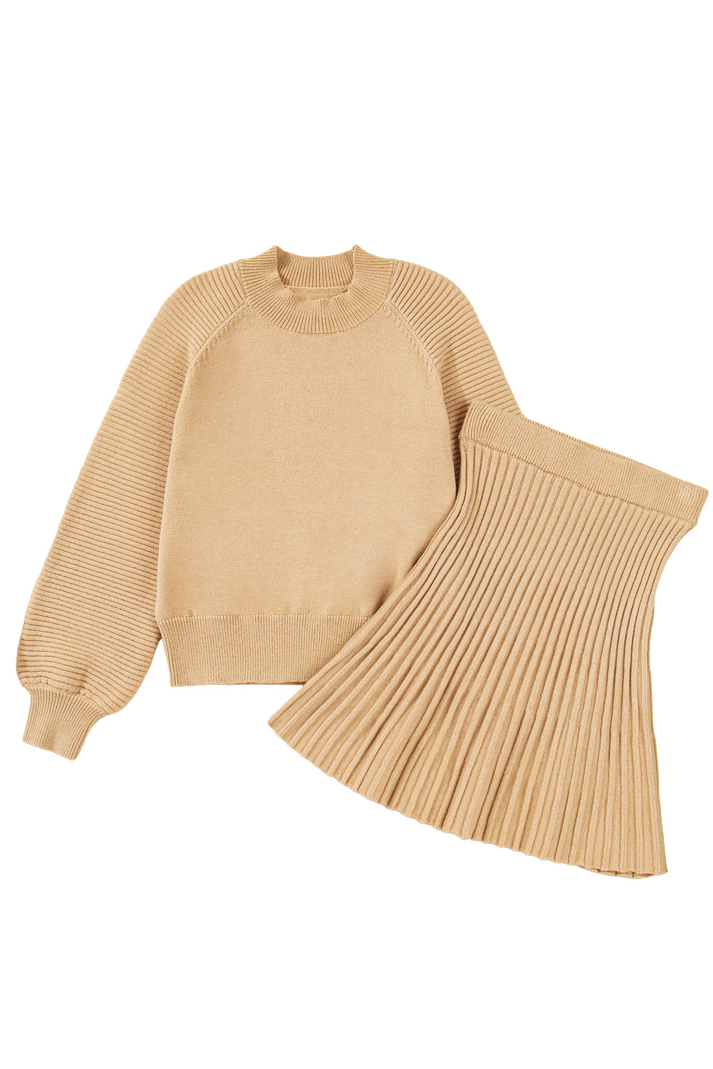 Lantern Sleeve Sweater Pleated Knitted Mini Skirt Set
