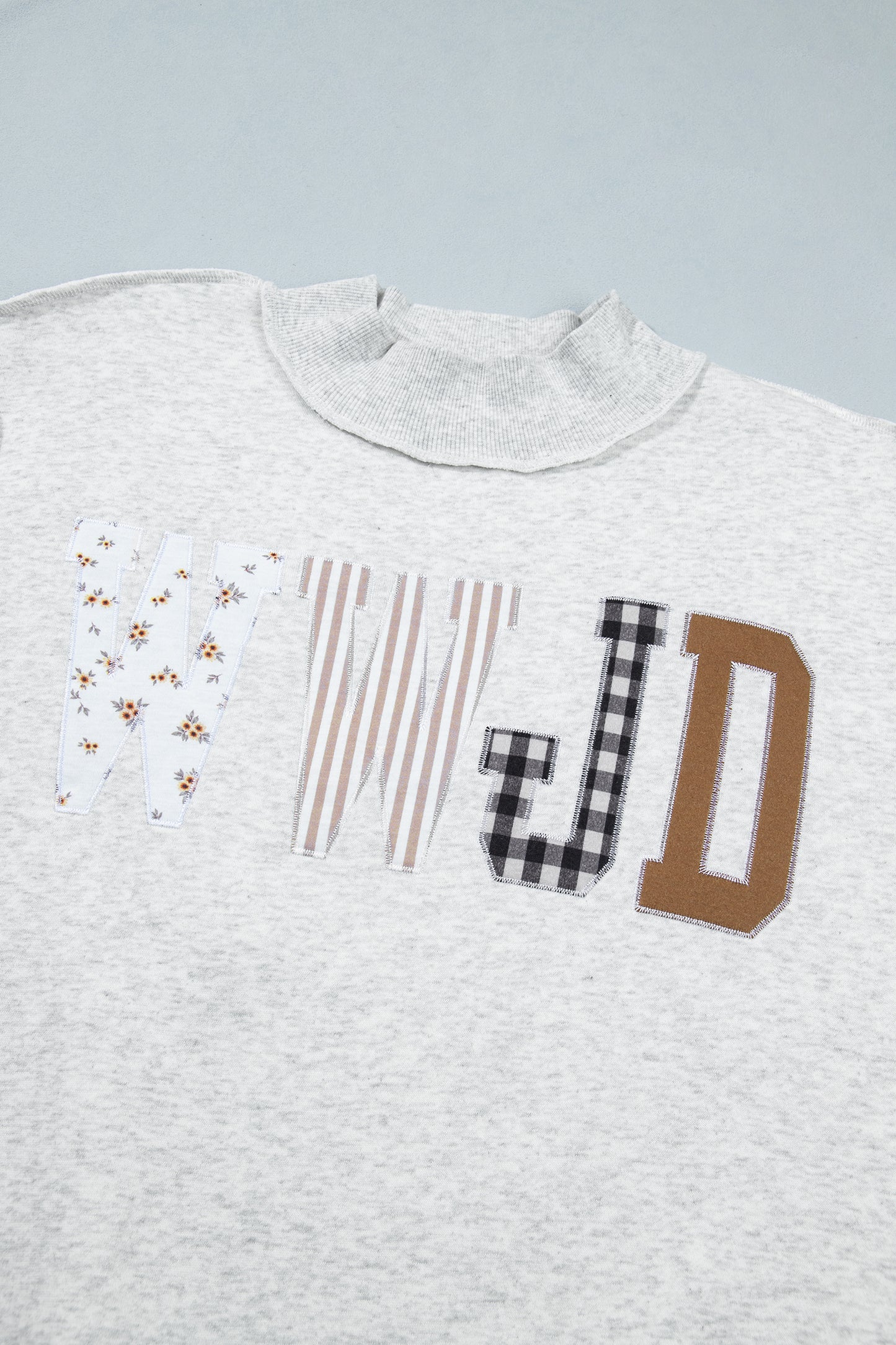 WWJD Mixed Pattern Embroidered Patch Graphic Mock Neck Sweatshirt -3 COLOR OPTIONS