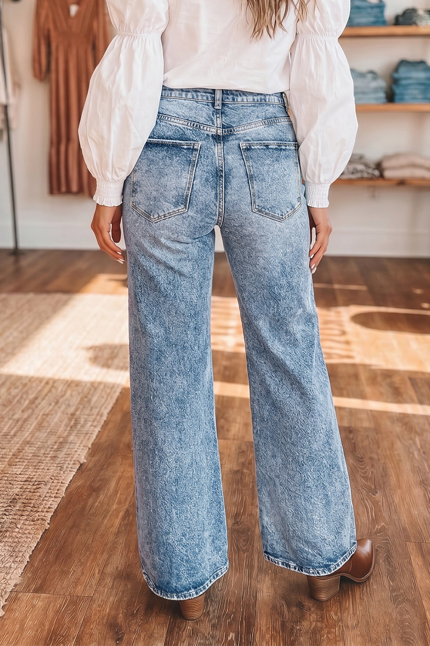Blue Acid Wash Pocket Detail Flare Jeans -2 COLOR OPTIONS