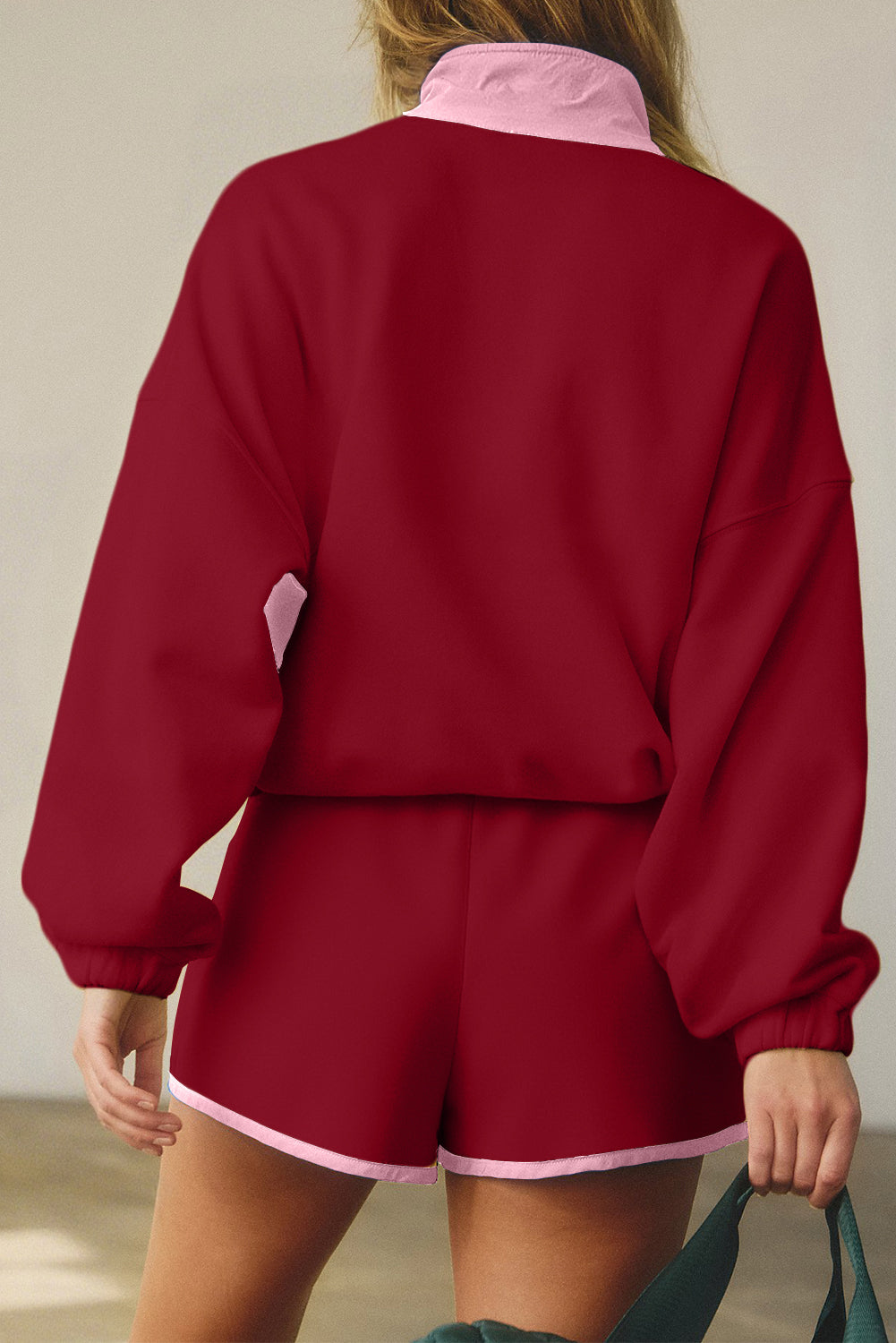 Colorblock Patchwork Half Button Pullover and Shorts Outfit- 4 COLOR OPTIONS