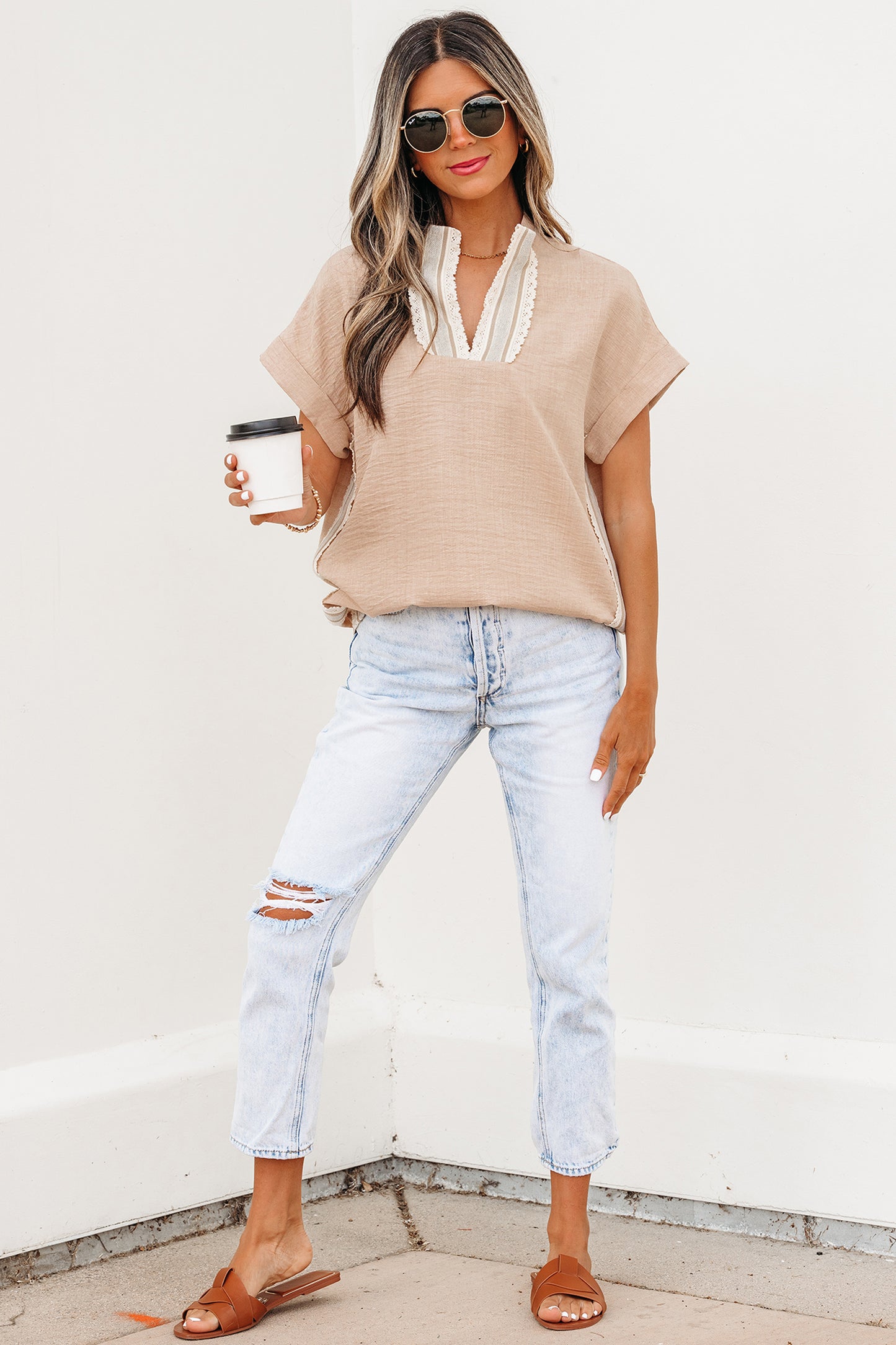Crochet Lace Accent Pullover Rolled Short Sleeve Blouse -2 COLOR OPTIONS