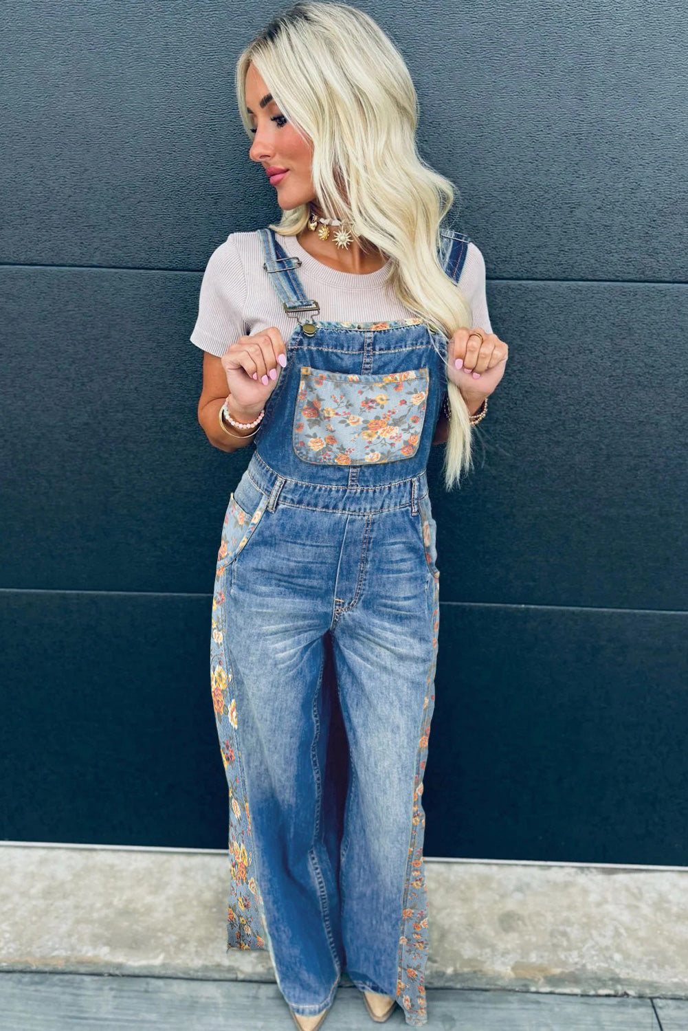 Peacock Blue Floral Patchwork Bib Denim Wide Leg Overalls