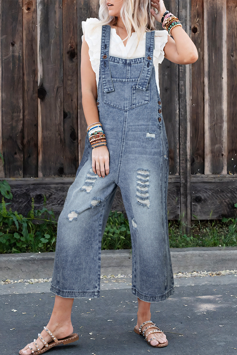Distressed Bib Pocket Wide Leg Denim Overall -2 COLOR OPTIONS