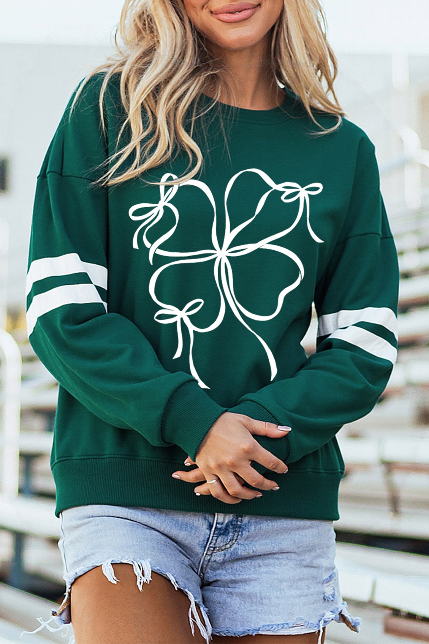 Evergreen Ribbon Bow Lucky Clover Varsity Striped Sleeve Casual Sweatshirt