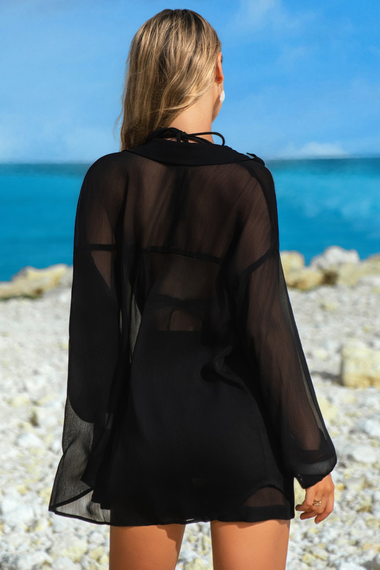 Sheer Tunic Shirt Drawstring Shorts 2pcs Swim Cover Up- 2 COLOR OPTIONS
