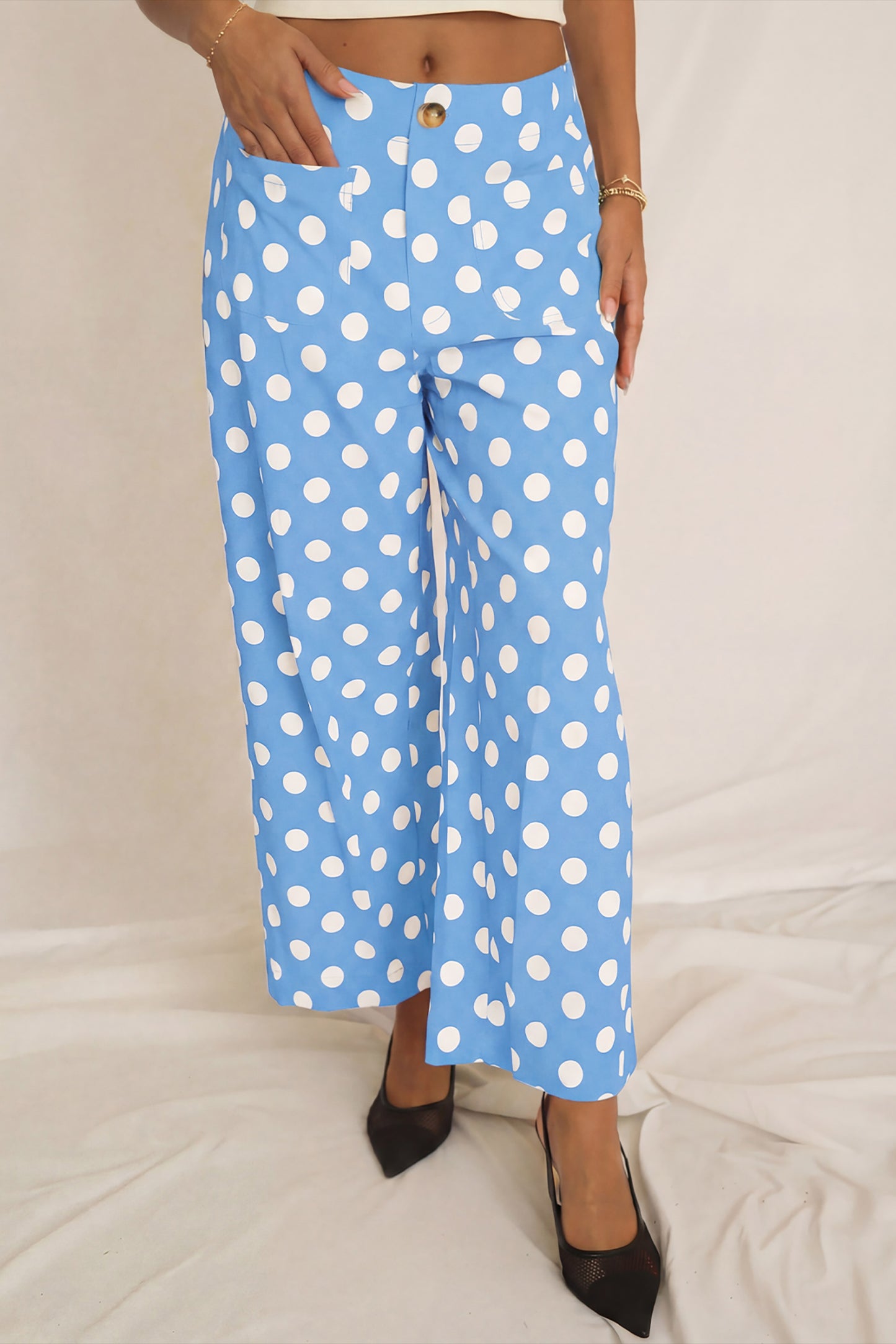 Polka Dot Print Patched Pocket Mid-rise Straight Leg Pants- 4 COLOR OPTIONS
