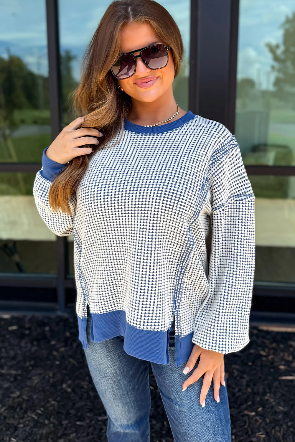 Dark Blue Waffle Knit Exposed Stitching Casual Top