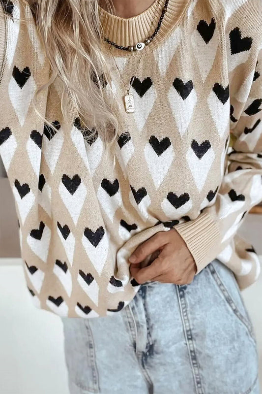 Parchment Geometric Heart Print Ribbed Trim Loose Sweater